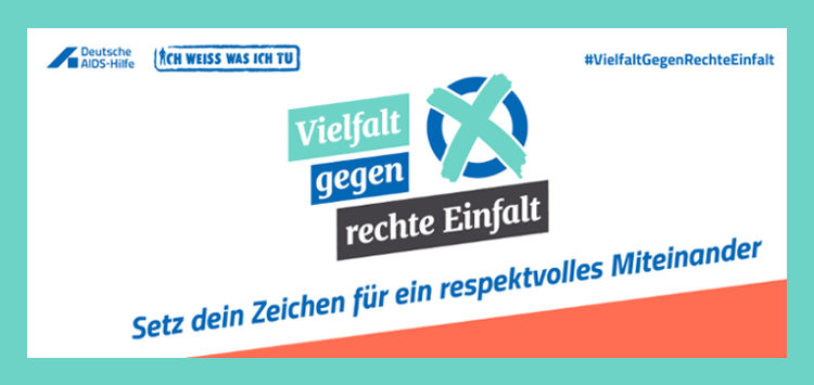 Das Bild zeigt das Logo der Kampagne "Vielfalt gegen rechte Einfalt", neben dem Schriftzug findet sich ein Kreuz in einem Kreis, das an ein Kreuz auf einem Wahlzettel erinnert. Unter dem Logo findet sich der Satz: Setz dein Zeichen für ein respektvolles Miteinander.