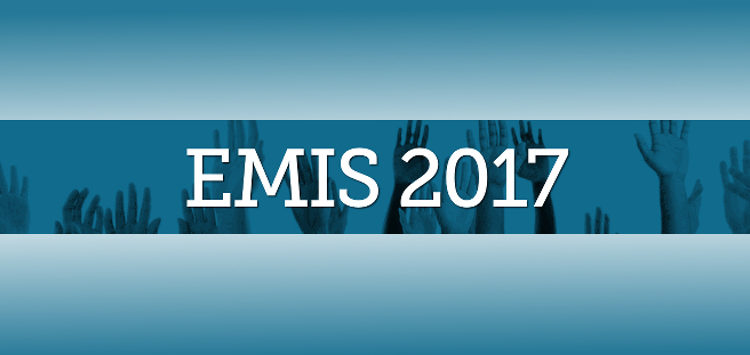 Schriftzug EMIS 2017, blauer Hintergrund, darauf eine Reihe hoch gestreckter Arme und Hände