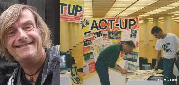 ACT UP in Deutschland: Foto-Collage bestehend aus einem Porträt von Uli Würdemann und einem Archivbild eines ACT UP-Standes auf dem Deutschen AIDS-Kongress Hamburg 1990