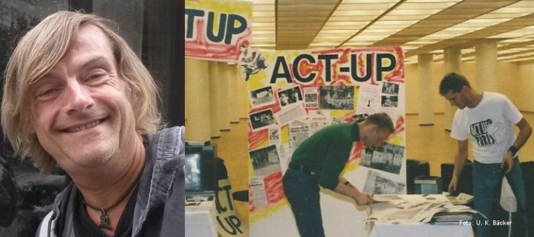 ACT UP in Deutschland: Foto-Collage bestehend aus einem Porträt von Uli Würdemann und einem Archivbild eines ACT UP-Standes auf dem Deutschen AIDS-Kongress Hamburg 1990