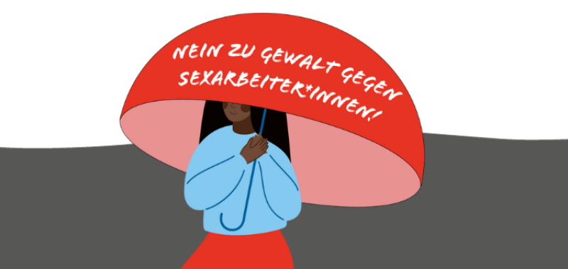 Illustration: eine Person mit rotem Rock und blauen Oberteil hält einen roten Regenschir mit der Auschrift
