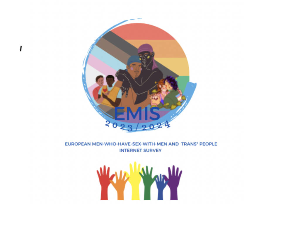 Logo mit runter REgenbogenflagge und 6 Händen in Regenbogenfarben sowie der Schrift "EMIS 2023/2024 European Men-who-have-sex-men and trans* People Internet Survey"