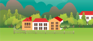 Grafik: drei Häuser hinter einem Zaun in einer grünen Landschaft