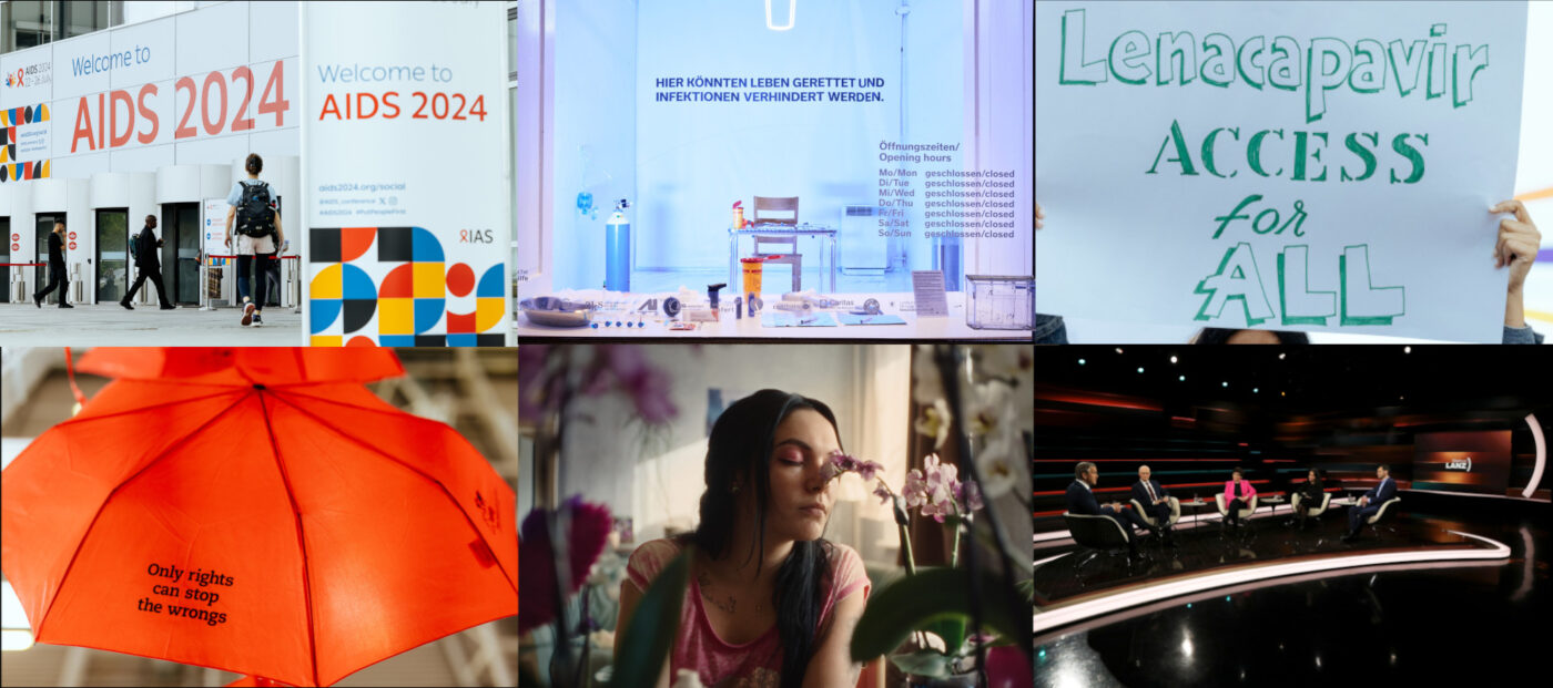 Collage aus Fotos: Eingang zur Welt-AIds-Konferenz mit Aufschrift AIDS 2024, Pop-up-Konsumraum in München, Demoschild zu Lenacapavir, roter Regenschirm der Sexarbeiter*innen-Bewegung, Filmszene aus 