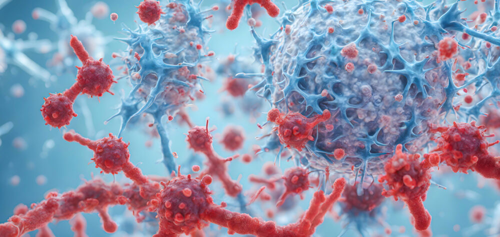3D-Illustration in blau und rot: HI-Viruszellen, die einen DNA-Strang angreifen