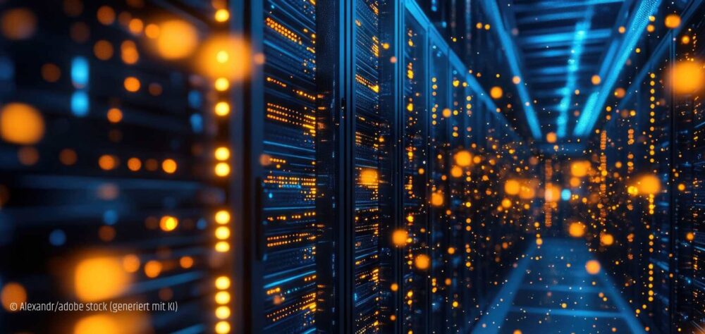 Symbolbild Datenspeicherung bei der Polizei: Serverraum mit gelben Lichter (generiert mit KI)