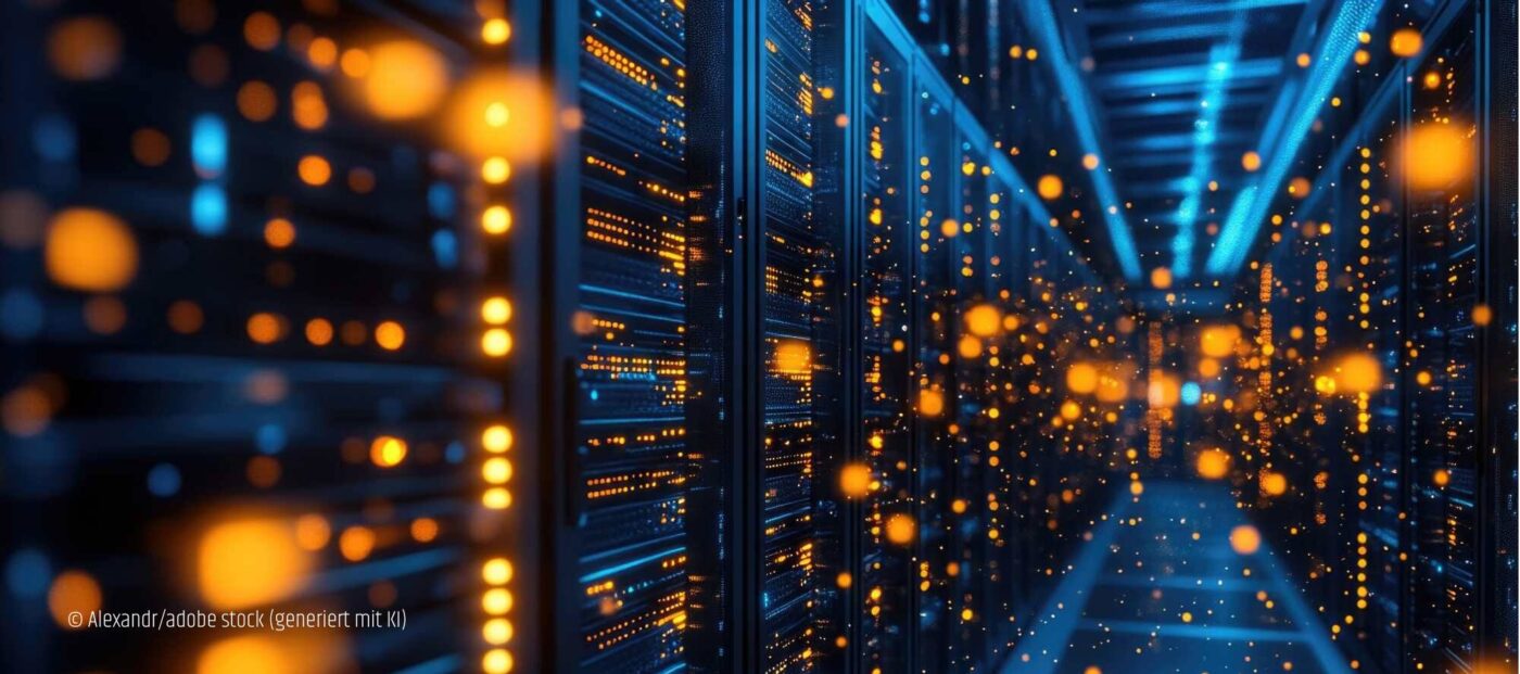 Symbolbild Datenspeicherung bei der Polizei: Serverraum mit gelben Lichter (generiert mit KI)