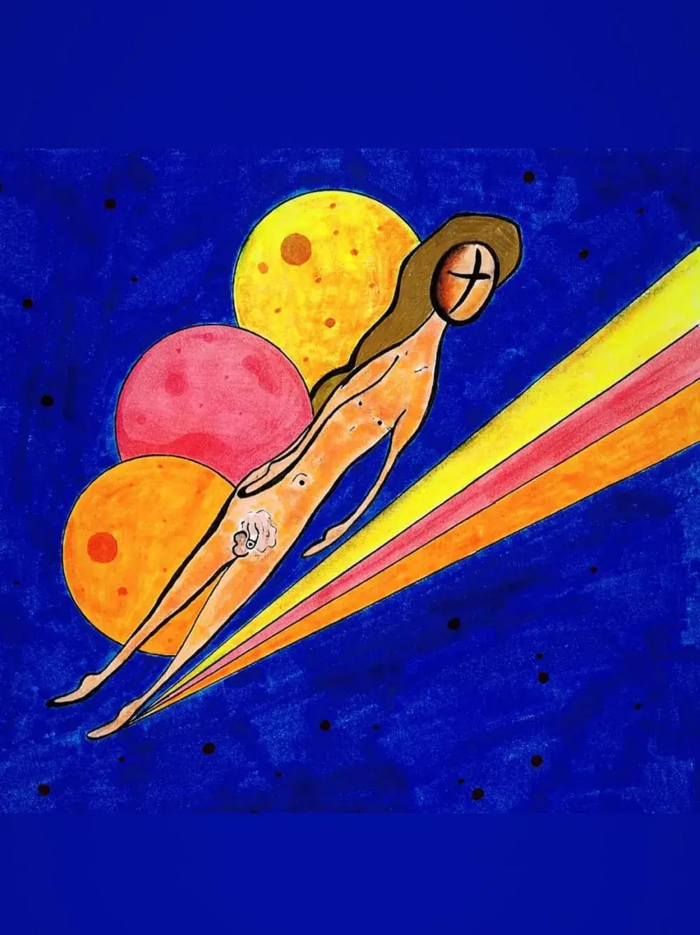 Kunstwerk: Männliche Figure neben Kreisen und Strahlen auf blauem Hintergrund