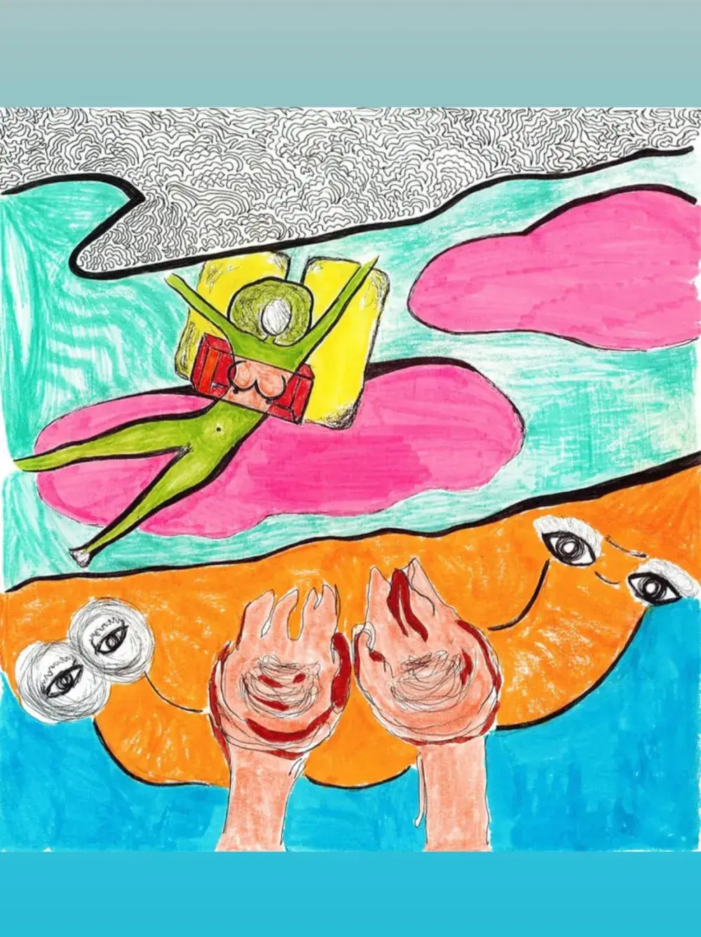 Buntes Kunstwerk mit verschiedenen Elementen, darunter Augen, eine weibliche Figur und verschieden farbige Flächen