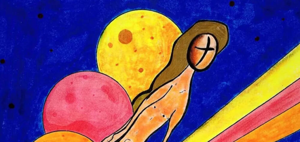 Auschnitt aus einem Kunstwerk: abstrakte Figur neben kreisen uns strahlen auf blauem Hintergrund