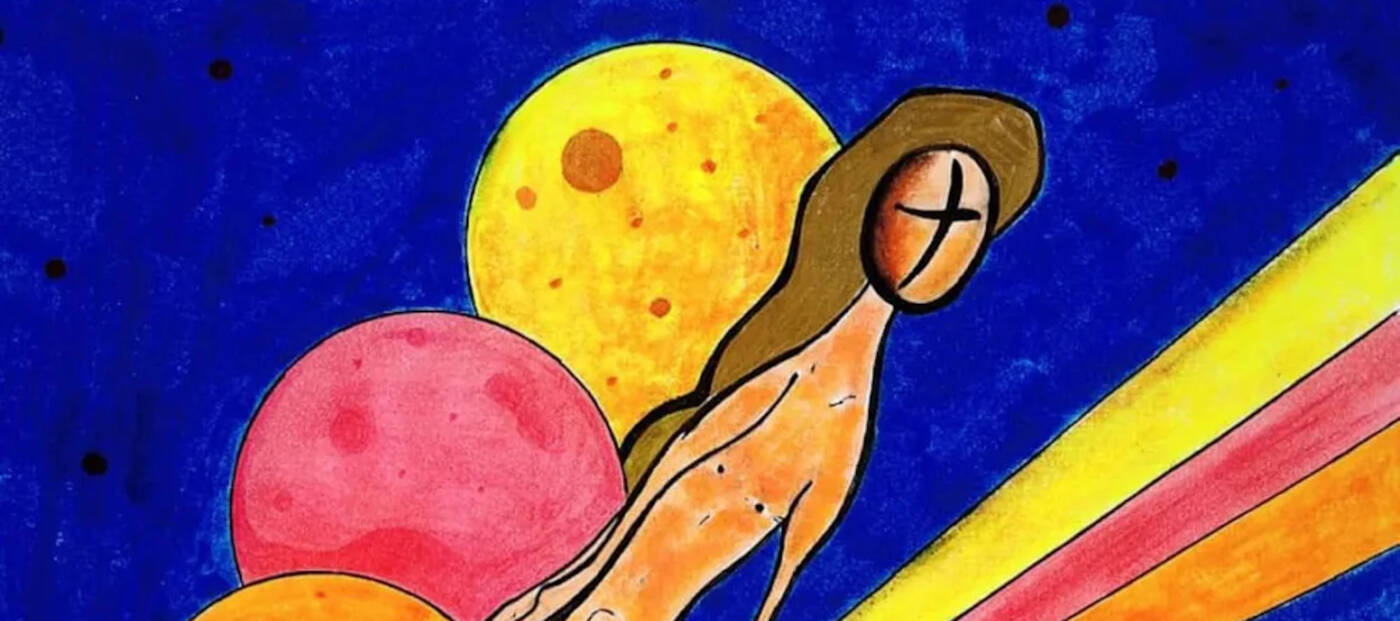 Auschnitt aus einem Kunstwerk: abstrakte Figur neben kreisen uns strahlen auf blauem Hintergrund