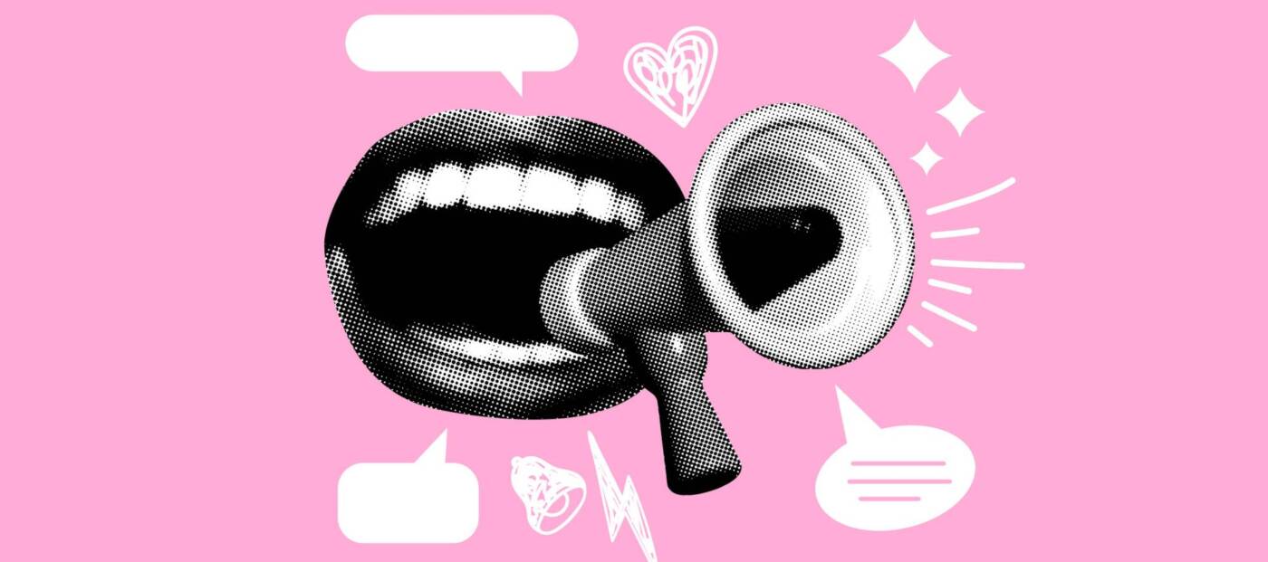 Collage mit schreiendem Mund, Megafon und Sprechblasen auf rosa Hintergrund. Halbton-Zeitungselemente.