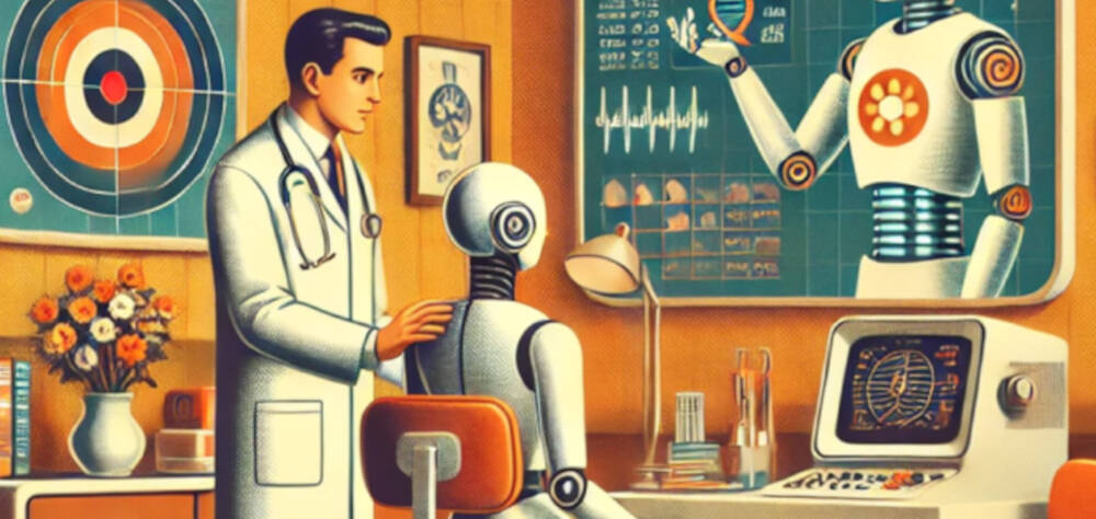Illustration Roboter am Schreibtisch, daneben steht ein Mensch im Arztkittel