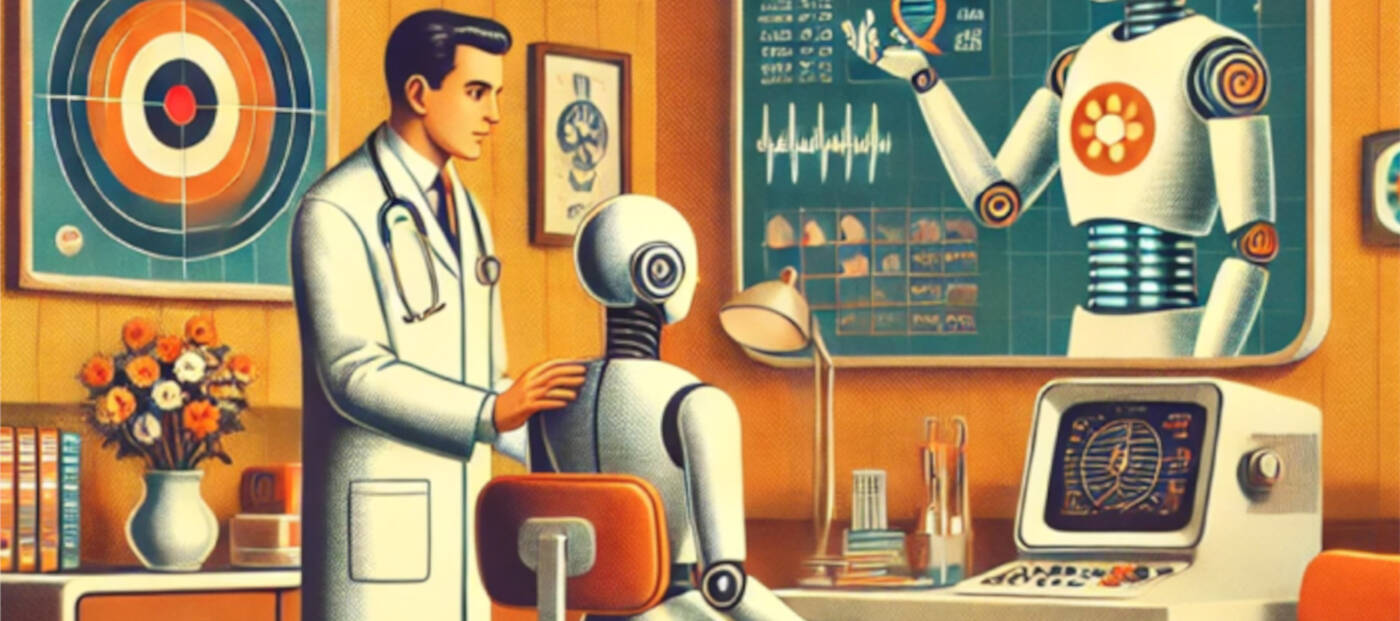 Illustration Roboter am Schreibtisch, daneben steht ein Mensch im Arztkittel