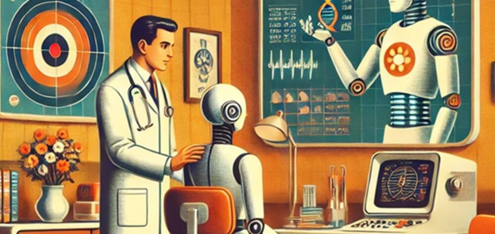 Illustration Roboter am Schreibtisch, daneben steht ein Mensch im Arztkittel