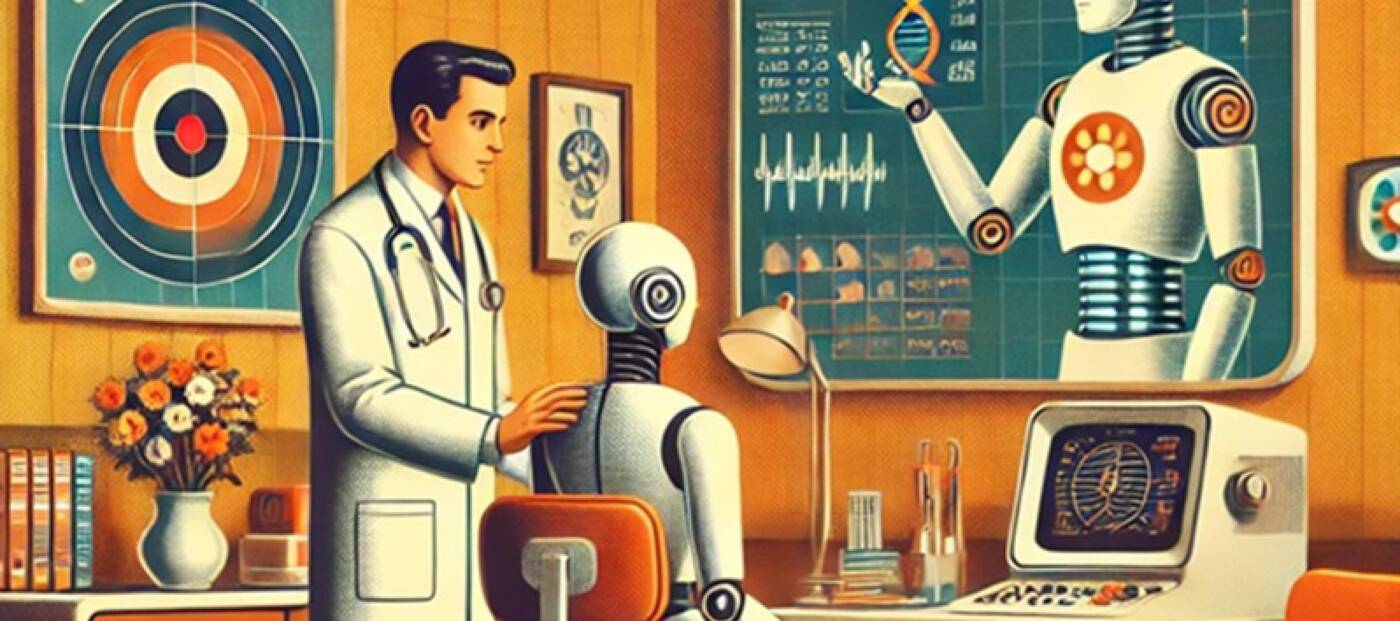 Illustration Roboter am Schreibtisch, daneben steht ein Mensch im Arztkittel