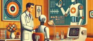 Illustration Roboter am Schreibtisch, daneben steht ein Mensch im Arztkittel