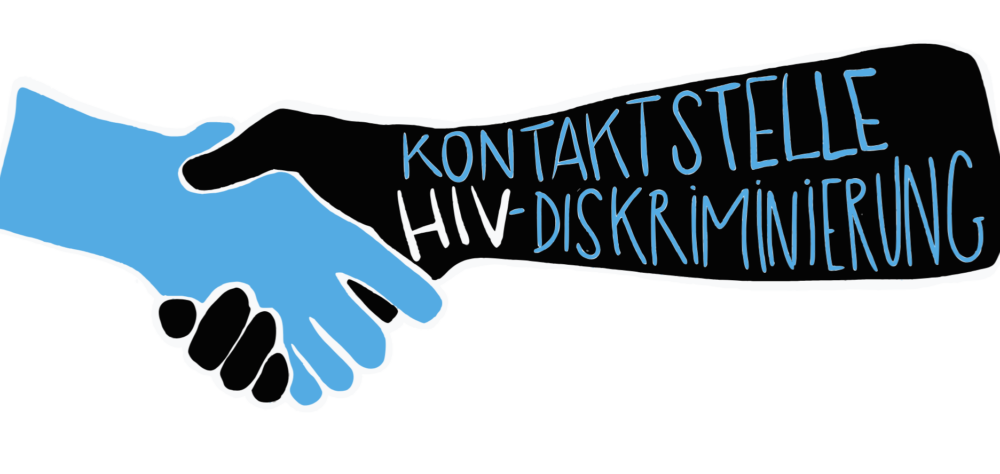 Händeschütteln einer blauen und einer schwarzen Hand mit der Aufschrift Kontaktstelle HIV-Diskriminierung