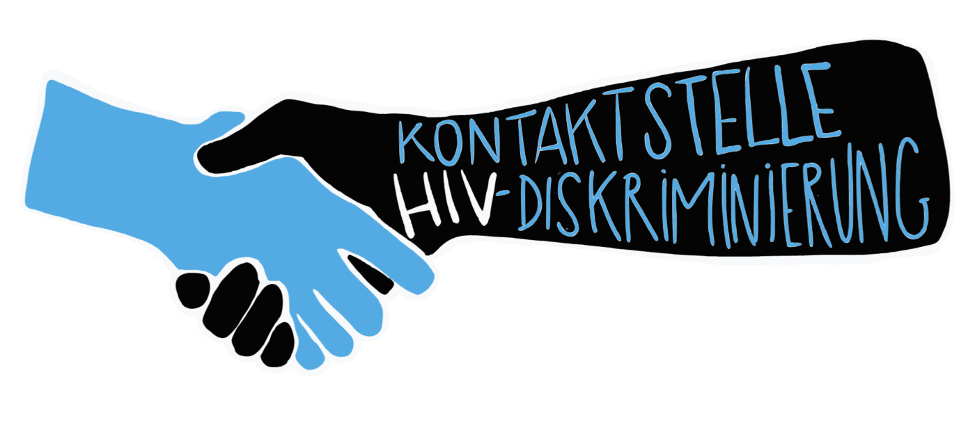 Händeschütteln einer blauen und einer schwarzen Hand mit der Aufschrift Kontaktstelle HIV-Diskriminierung