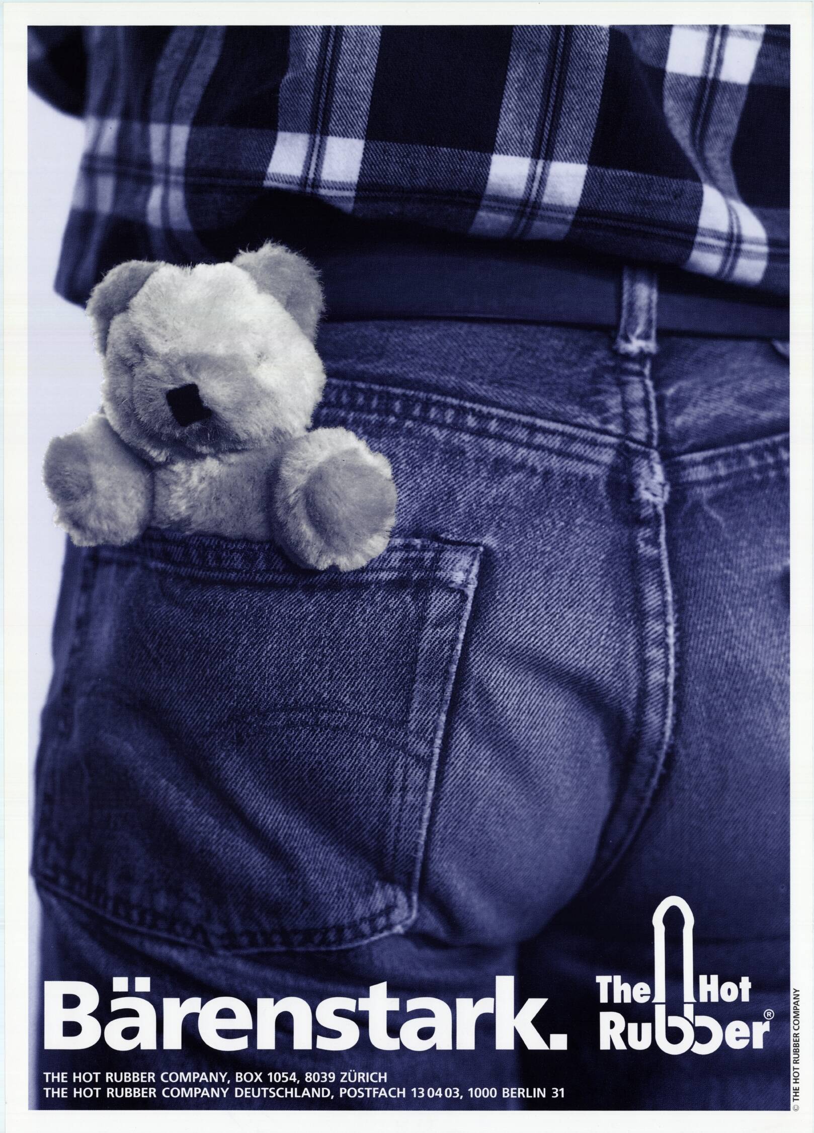Teddybär in einer Gesäßtasche einer Jeans, Überschrift 