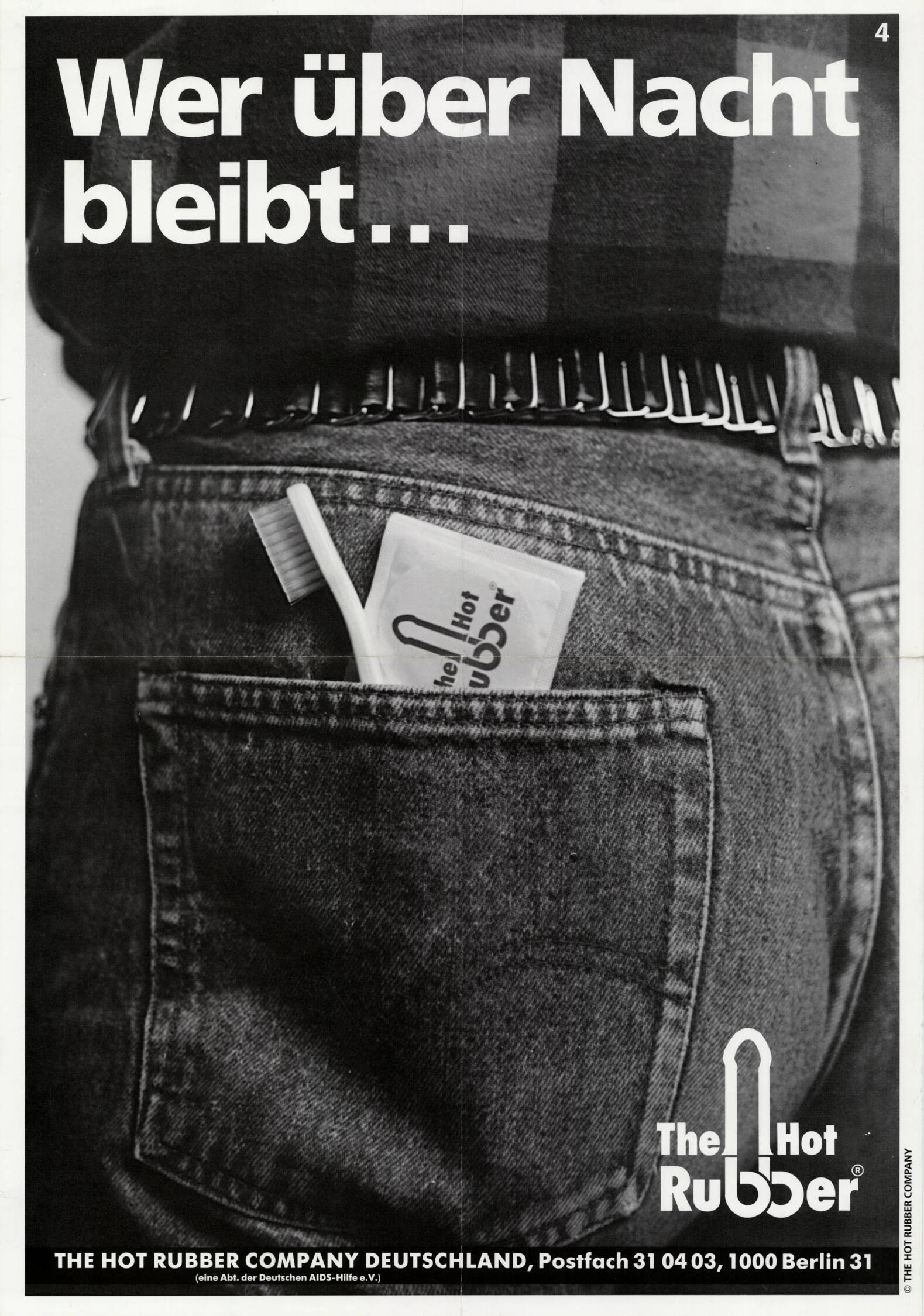 Zahnbürste und Kondom der Marke The Hot Rubber in Gesäßtasche einer Jeans, Überschrift 