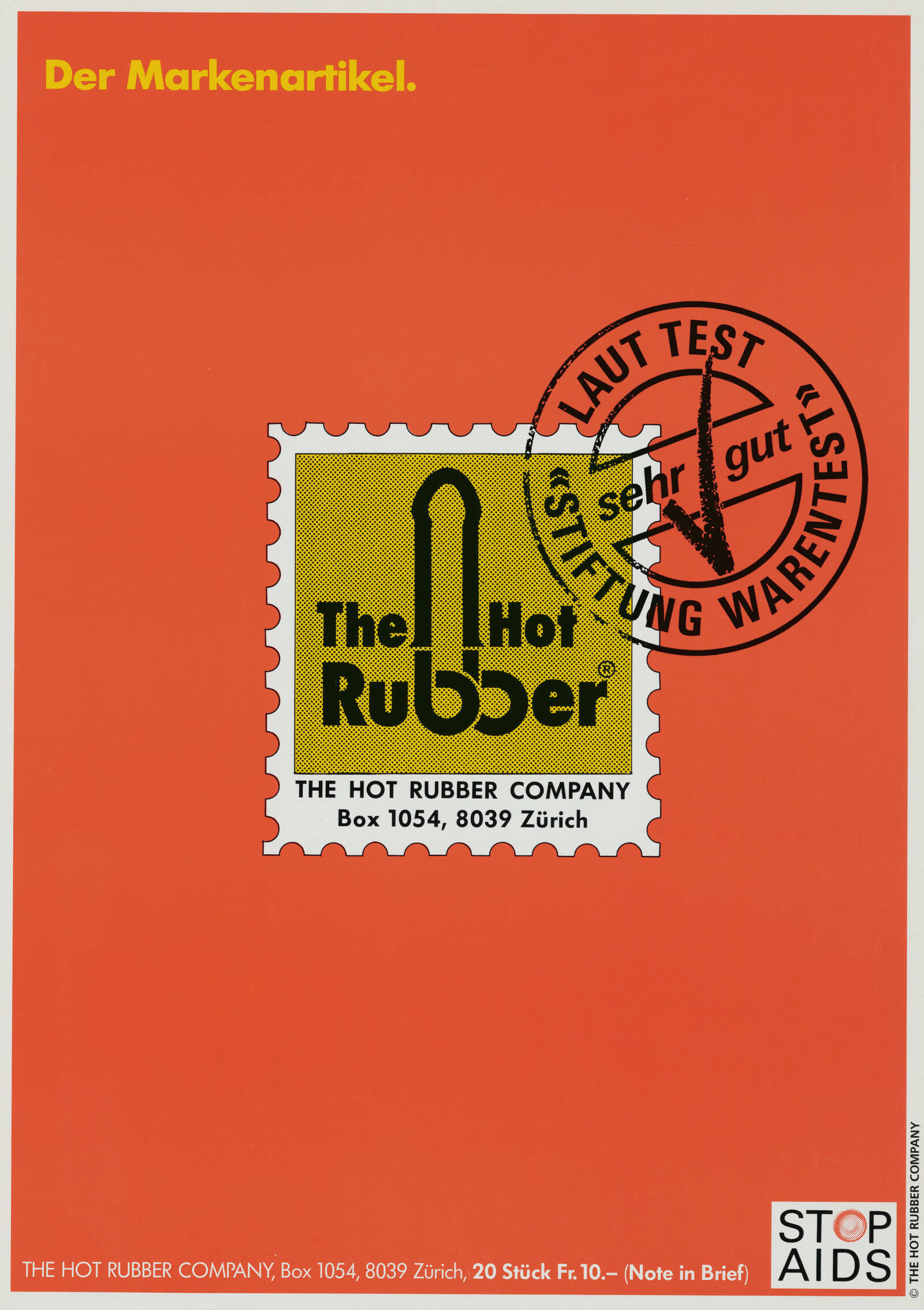 Plakat mit dem Hot Rubber Logo auf einer Briefmarke und dem Stempel der Stiftung Warentest '