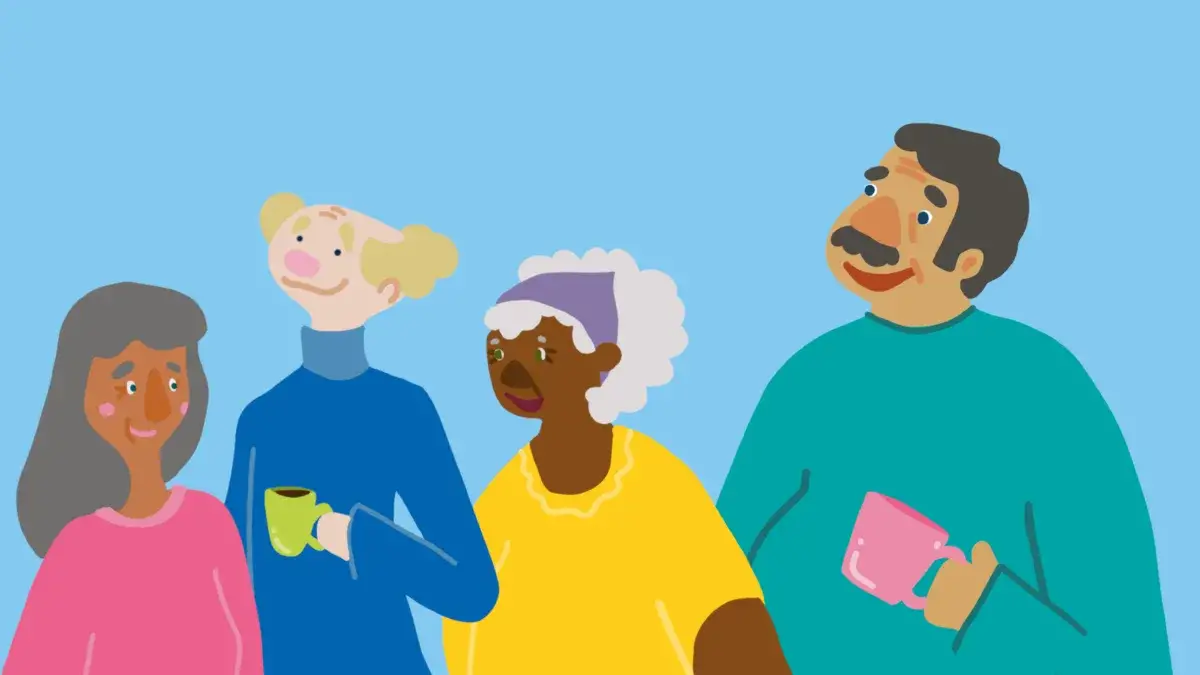 bunte Illustrationen mit vier unterschiedlichen Personen, teilweise mit Teetasse